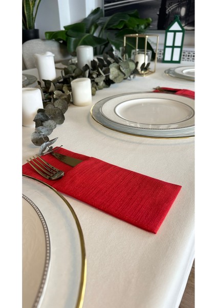 Keten Dokulu Simli Kırmızı Kaşıklık 6 Adet 10 x 24 cm