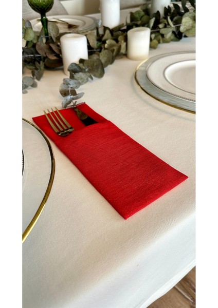 Keten Dokulu Simli Kırmızı Kaşıklık 6 Adet 10 x 24 cm modelleri