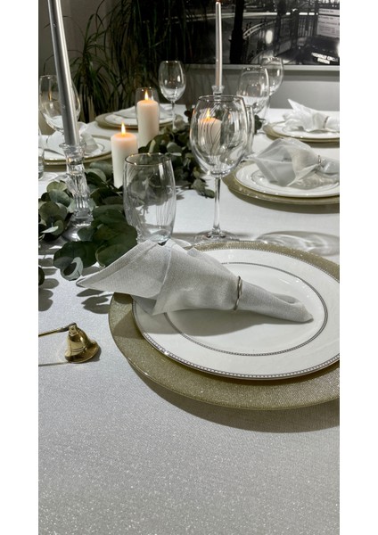 6 Adet Gümüş Simli Beyaz Peçete Kumaş Peçete