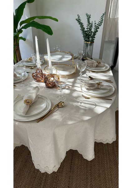 Keten Dokulu Oval Masa Örtüsü Gold Simli Ekru Dantel Detaylı Oval Masa Örtüsü (Peçete Dahil Değil) fiyatları