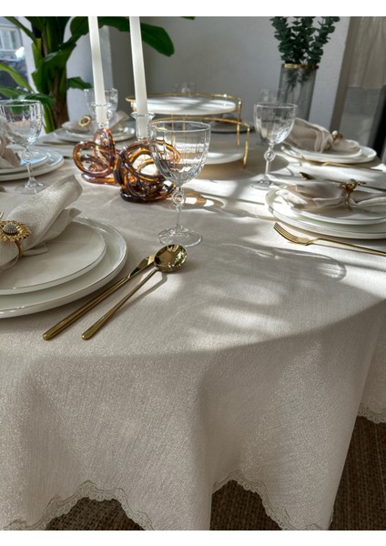 Keten Dokulu Oval Masa Örtüsü Gold Simli Ekru Dantel Detaylı Oval Masa Örtüsü (Peçete Dahil Değil) fırsatları