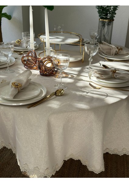 Keten Dokulu Oval Masa Örtüsü Gold Simli Ekru Dantel Detaylı Oval Masa Örtüsü (Peçete Dahil Değil) indirimleri
