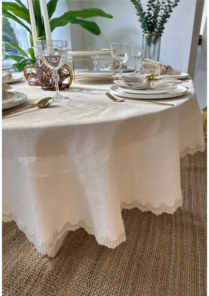 Keten Dokulu Oval Masa Örtüsü Gold Simli Ekru Dantel Detaylı Oval Masa Örtüsü (Peçete Dahil Değil)