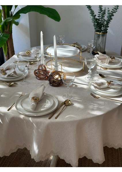 Keten Dokulu Oval Masa Örtüsü Gold Simli Ekru Dantel Detaylı Oval Masa Örtüsü (Peçete Dahil Değil)