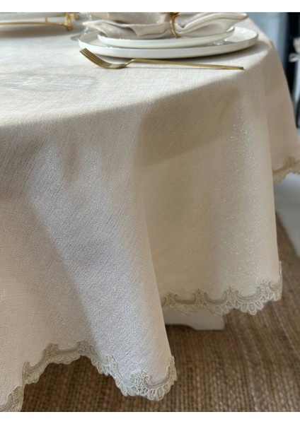 Keten Dokulu Oval Masa Örtüsü Gold Simli Ekru Dantel Detaylı Oval Masa Örtüsü (Peçete Dahil Değil)