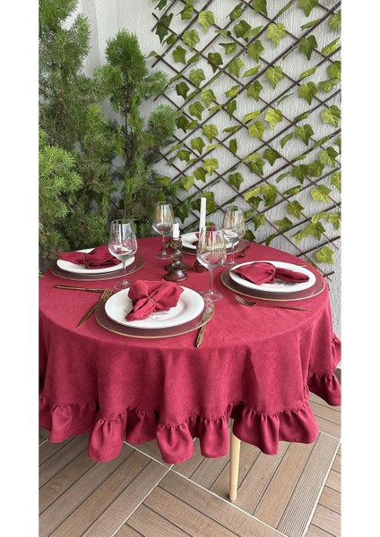 Kadife Dokulu Dertsiz Vintage Bordo Fırfırlı Yuvarlak Masa Örtüsü (Peçete Dahil Değil)