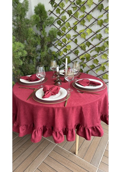 Kadife Dokulu Dertsiz Vintage Bordo Fırfırlı Yuvarlak Masa Örtüsü (Peçete Dahil Değil) fiyatları