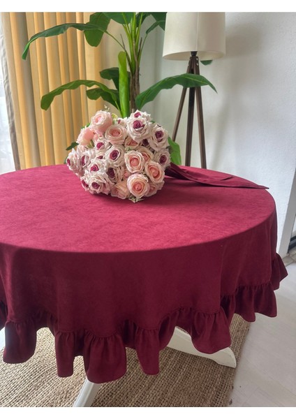 Kadife Dokulu Dertsiz Vintage Bordo Fırfırlı Yuvarlak Masa Örtüsü (Peçete Dahil Değil) modelleri