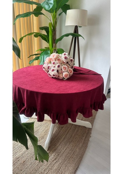 Kadife Dokulu Dertsiz Vintage Bordo Fırfırlı Yuvarlak Masa Örtüsü (Peçete Dahil Değil) fırsatları