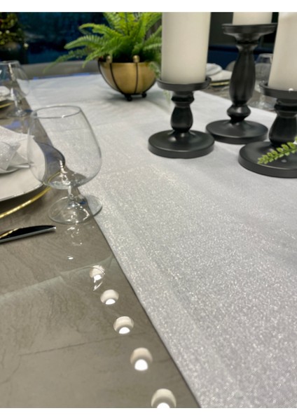 Keten Dokulu Gümüş Simli Beyaz Uzun Runner (Peçete Dahil Değil ) modelleri