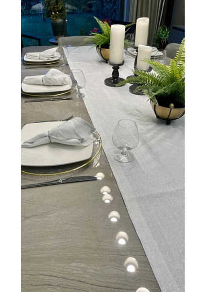 Keten Dokulu Gümüş Simli Beyaz Uzun Runner (Peçete Dahil Değil ) indirimleri