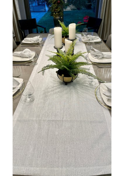 Keten Dokulu Gümüş Simli Beyaz Uzun Runner (Peçete Dahil Değil )