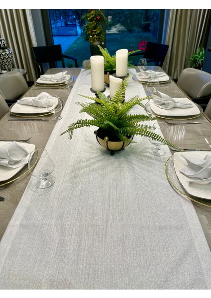 Keten Dokulu Gümüş Simli Beyaz Uzun Runner (Peçete Dahil Değil )