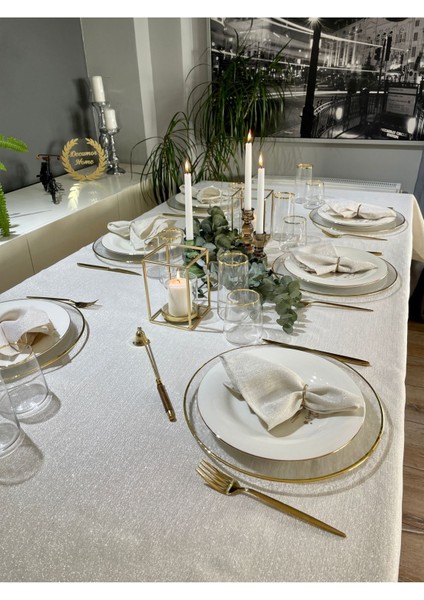 Keten Dokulu Gold Simli Ekru Masa Örtüsü (Peçete Dahil Değil )