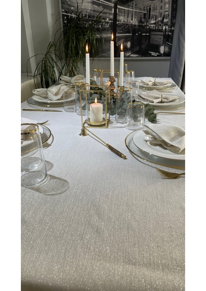 Keten Dokulu Gold Simli Ekru Masa Örtüsü (Peçete Dahil Değil ) modelleri