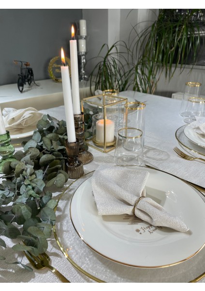Keten Dokulu Gold Simli Ekru Masa Örtüsü (Peçete Dahil Değil )