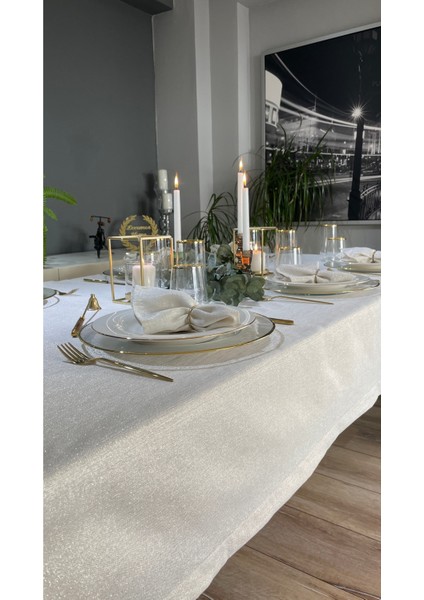 Keten Dokulu Gold Simli Ekru Masa Örtüsü (Peçete Dahil Değil )
