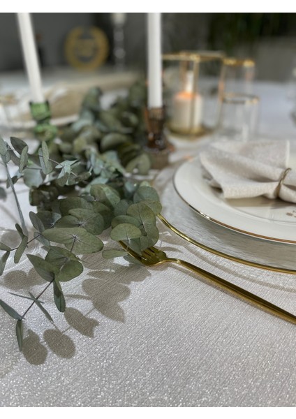 Keten Dokulu Gold Simli Ekru Masa Örtüsü (Peçete Dahil Değil )