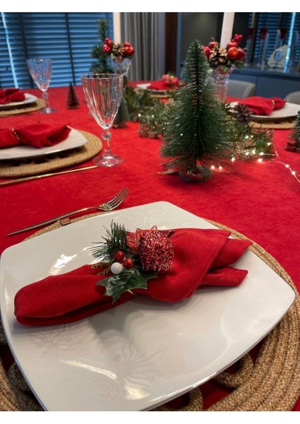 6 Adet Kadife Dokulu Kırmızı Peçete Dertsiz Kumaş Peçete