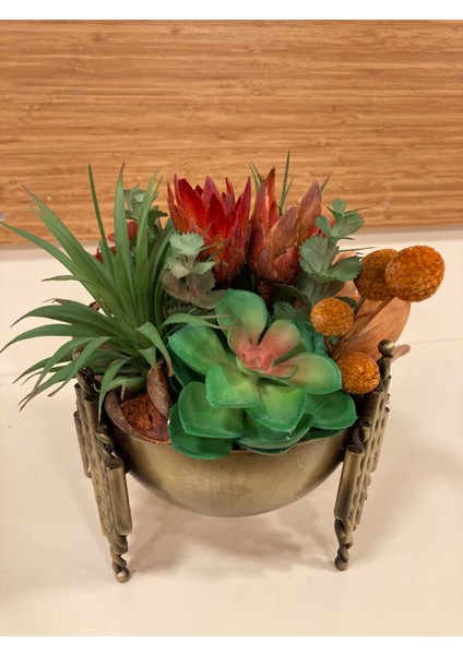 Yapay Skulent Döküm Pirinç Saksı Içi Arajman Turuncu Karışık Yükseklik 26 cm Çap 15 cm fiyatları