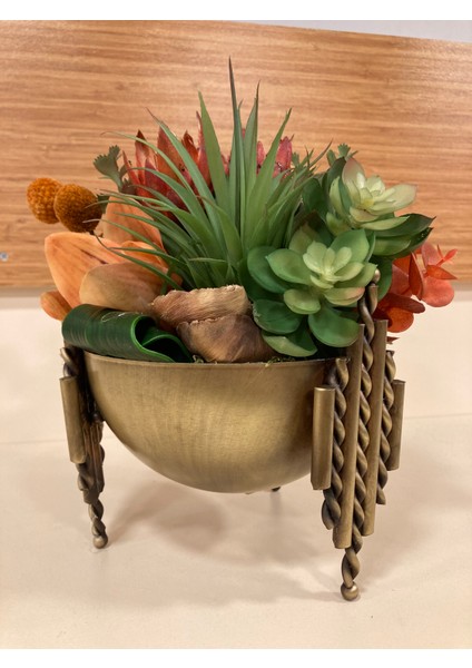 Yapay Skulent Döküm Pirinç Saksı Içi Arajman Turuncu Karışık Yükseklik 26 cm Çap 15 cm fırsatları