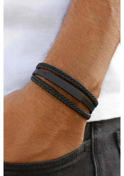 Deri Bileklik Hasır Örgü 3'lü Sıra Siyah Erkek Deri Bileklik