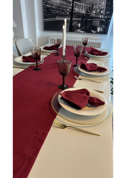 Keten Dokulu Şarabi Bordo Runner (Peçetesiz)