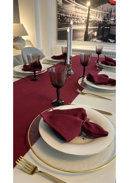 Keten Dokulu Şarabi Bordo Runner (Peçetesiz)