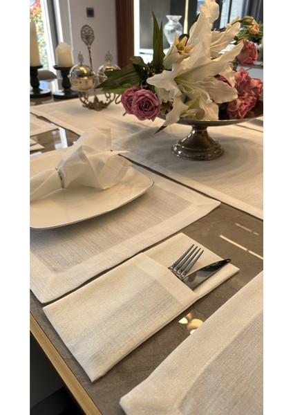 Keten Dokulu Sedefli Simli Beyaz Kaşıklık 6 Adet 10 x 24 cm