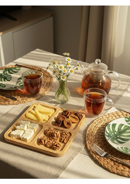 Bambu Kare 4 Bölmeli Sunumluk / Kahvaltılık - Meyve Tabağı - Peynir Tabağı