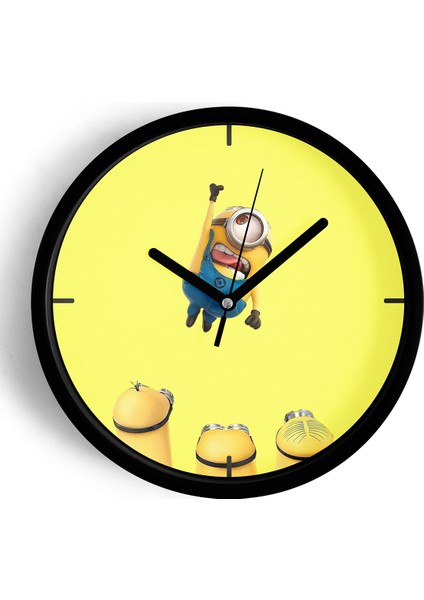 Sevimli Minyonlar Temalı Çocuk Odası Modern Duvar Saati - 25CM - Önü Camlı Siyah Kasa