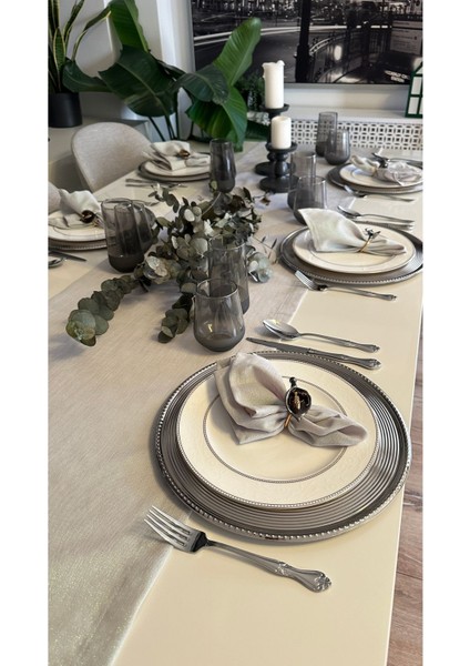 Keten Dokulu Sedefli Simli Koyu Gri Füme Runner (Peçete Dahil Değil)