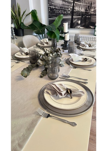 Keten Dokulu Sedefli Simli Koyu Gri Füme Runner (Peçete Dahil Değil) modelleri