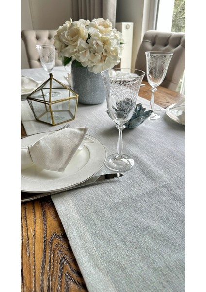 Keten Dokulu Sedefli Simli Beyaz Uzun Runner (Peçete Dahil Değil )