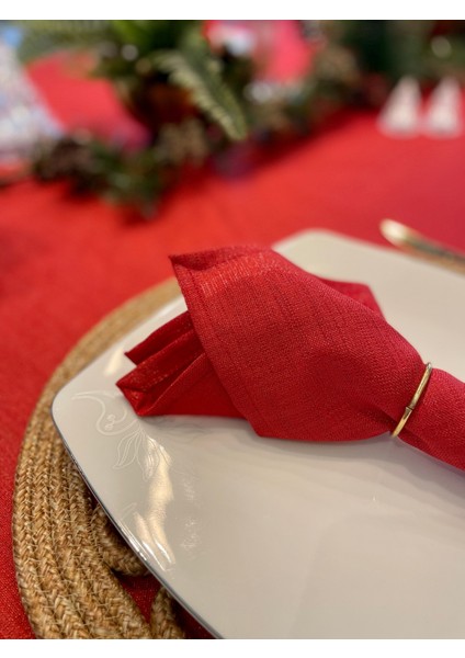 6 Adet Keten Dokulu Simli Kırmızı Peçete Kumaş Peçete