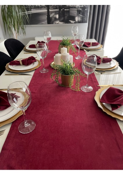 Kadife Dokulu Dertsiz Uzun Bordo Runner (Peçete Dahil Değil )