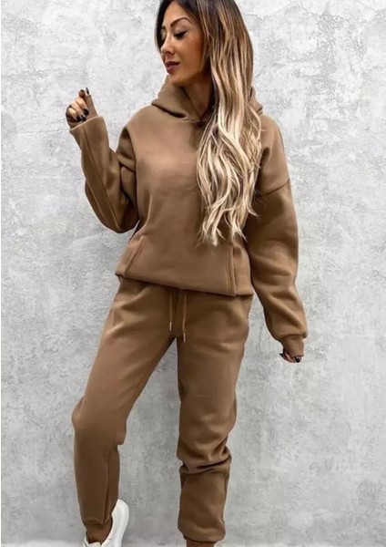 Punıx Büyük Beden Özel Seri Kapüşonlu Düz Renk %100 Pamuk Trend Kışlık Oversize Kadın Eşofman Takımı