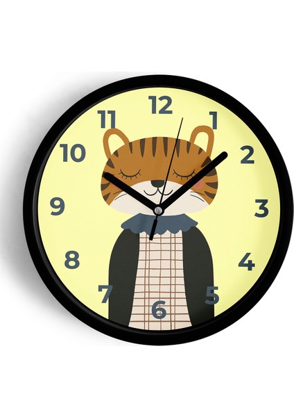 Sevimli Kaplan Çocuk Odası Modern Duvar Saati - 25CM - Önü Camlı Siyah Kasa - Sessiz Mekanizma