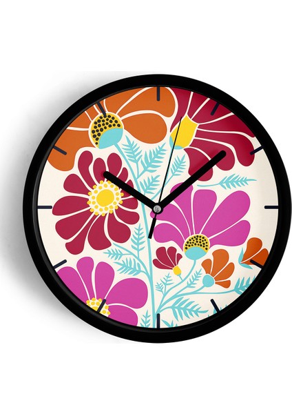 Soyut Çiçek Temalı Modern Duvar Saati - 25CM - Önü Camlı Siyah Kasa - Sessiz Mekanizma
