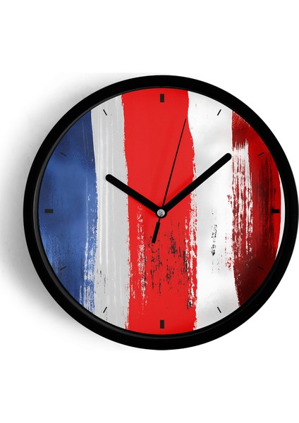 Kırmızı Beyaz Mavi Fırça Desenli Modern Duvar Saati - 25CM - Önü Camlı Siyah Kasa - Sessiz Mekanizma
