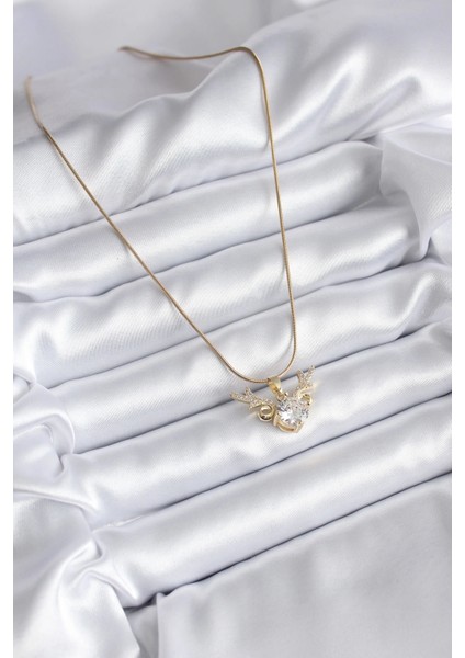 316L Çelik Gold Renk Zirkon Taşlı Boynuz Model Kadın Kolye fiyatları