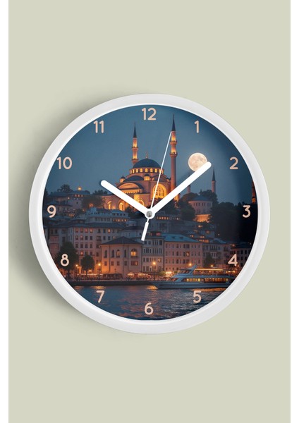 Istanbul Boğazı ve Cami Manzaralı Modern Duvar Saati - 25CM - Önü Camlı Beyaz Kasa