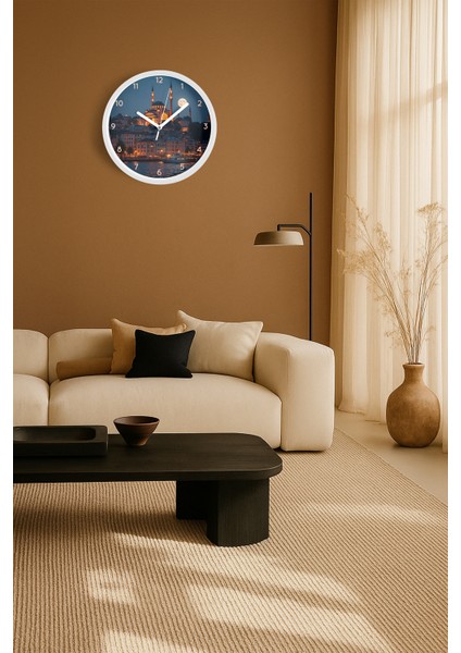 Istanbul Boğazı ve Cami Manzaralı Modern Duvar Saati - 25CM - Önü Camlı Beyaz Kasa fiyatları