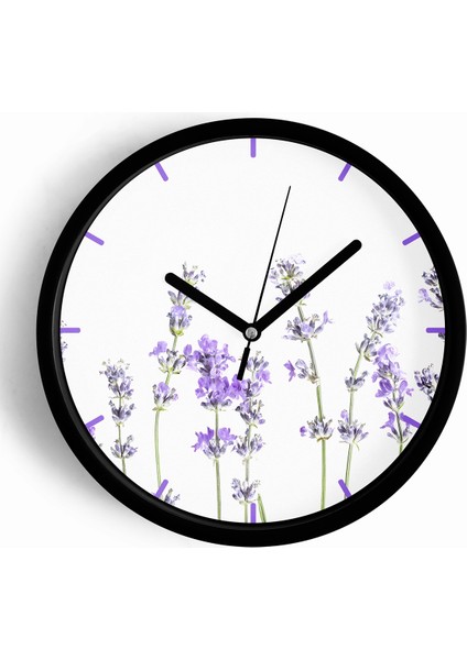 Lavanta Çiçek Modern Duvar Saati - 25CM - Önü Camlı Siyah Kasa - Sessiz Mekanizma