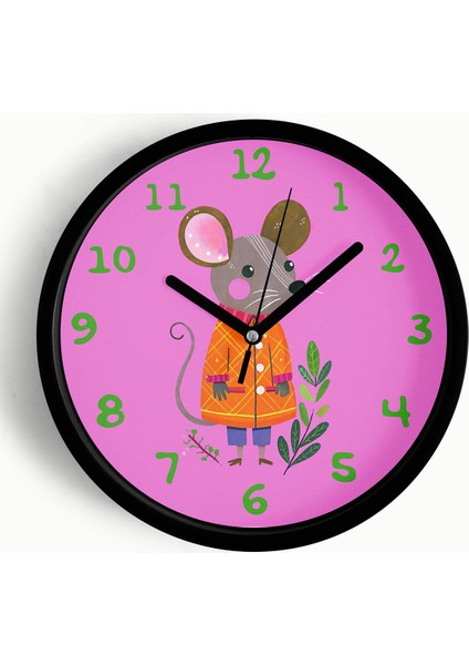 Sevimli Fare Çocuk Odası Duvar Saati - 25CM - Önü Camlı Siyah Kasa - Sessiz Mekanizma