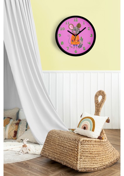 Sevimli Fare Çocuk Odası Duvar Saati - 25CM - Önü Camlı Siyah Kasa - Sessiz Mekanizma fiyatları