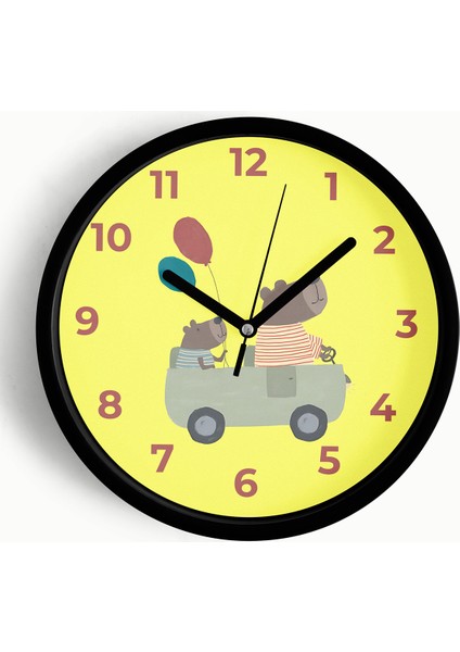 Araba Süren Sevimli Ayılar Çocuk Odası Duvar Saati - 25CM - Önü Camlı Siyah Kasa - Sessiz Mekanizma