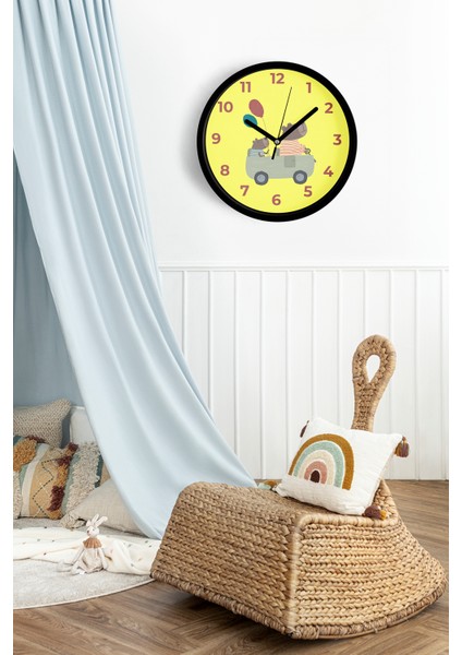 Araba Süren Sevimli Ayılar Çocuk Odası Duvar Saati - 25CM - Önü Camlı Siyah Kasa - Sessiz Mekanizma fiyatları