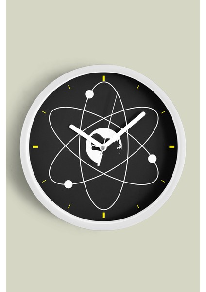 Atom Çemberinde Godzilla Silüeti Modern Duvar Saati - 25CM - Önü Camlı Beyaz Kasa - Sessiz Mekanizma