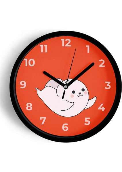 Sevimli Hayalet Kedi Tasarımlı Çocuk Odası Duvar Saati - 25CM - Önü Camlı Siyah Kasa